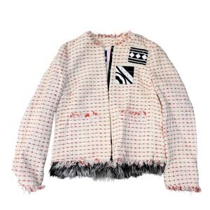 MSGM IT 42 Women Tweed Jacket Faux Fur Trim Patchwork Embellished Cream Red